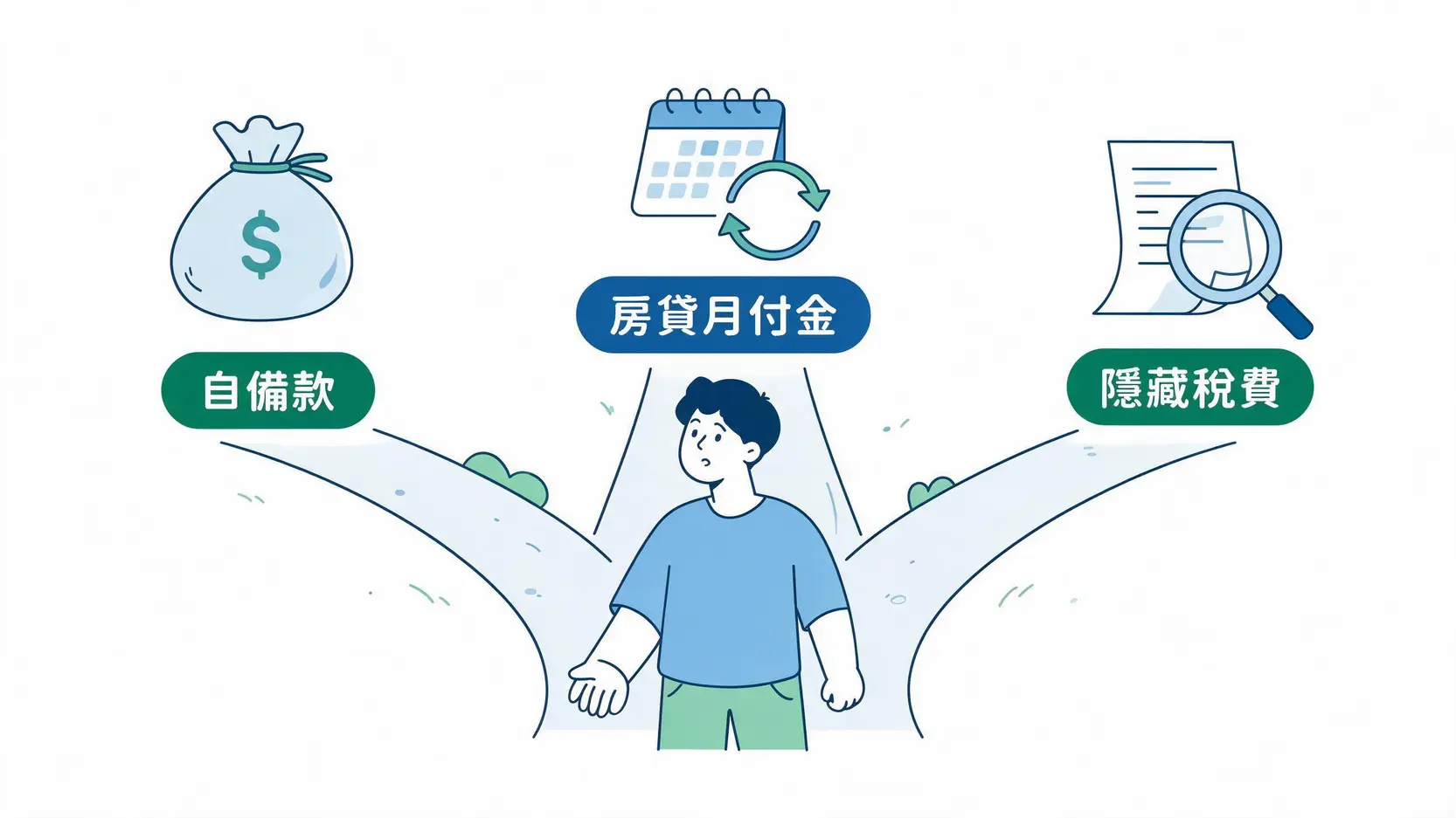 青年購屋貸款全攻略:自備款要多少?房貸怎麼算?稅費有幾種?一篇搞定! 首購族買房前會遇到的三大財務問題:自備款、房貸月付金與隱藏稅費的概念圖。