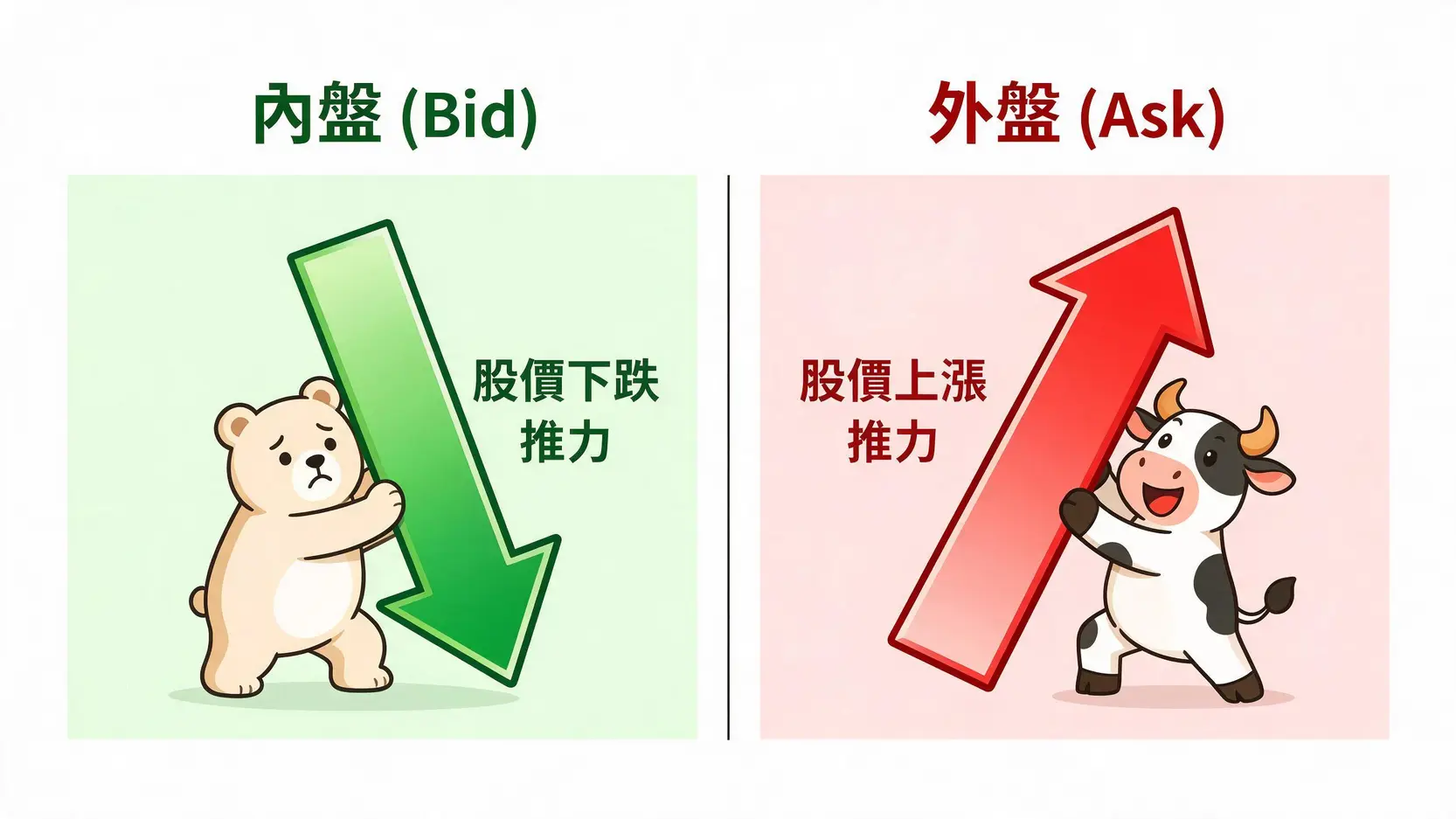 【新手入門】漲停、圈存、內外盤是什麼?一篇搞懂台股交易核心術語與上櫃股票買法 一張圖解釋股票內盤與外盤的區別,左邊是代表賣壓的內盤綠色箭頭向下,右邊是代表買氣的外盤紅色箭頭向上。