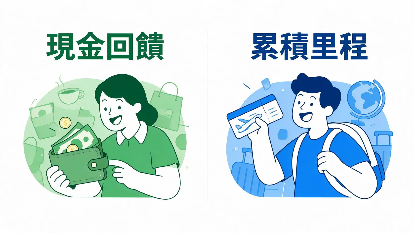 【2026信用卡完全指南】一篇搞懂所有好處、M/V差別、累積里程與免財力辦卡技巧! 一張對比圖,左邊顯示現金回饋適合日常消費者,右邊顯示累積里程適合熱愛旅遊的人。
