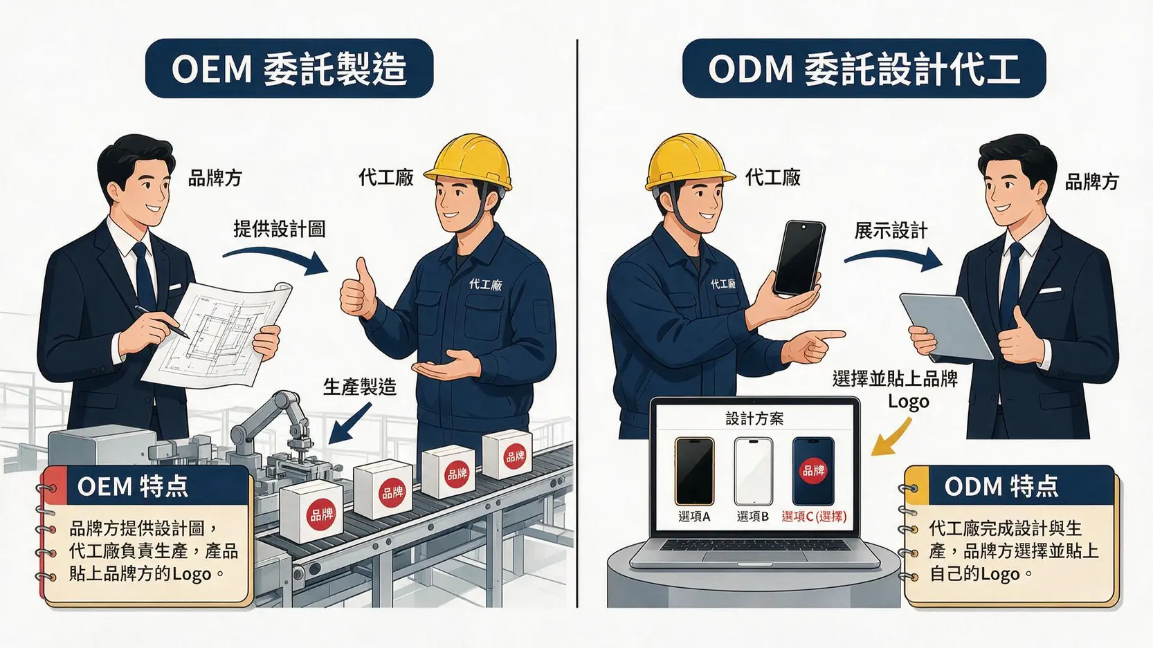 OEM ODM 差異是什麼?一張圖看懂代工模式,選對廠商不走冤枉路 OEM與ODM模式對比圖,清楚展示品牌方與代工廠在設計和製造中的角色差異。