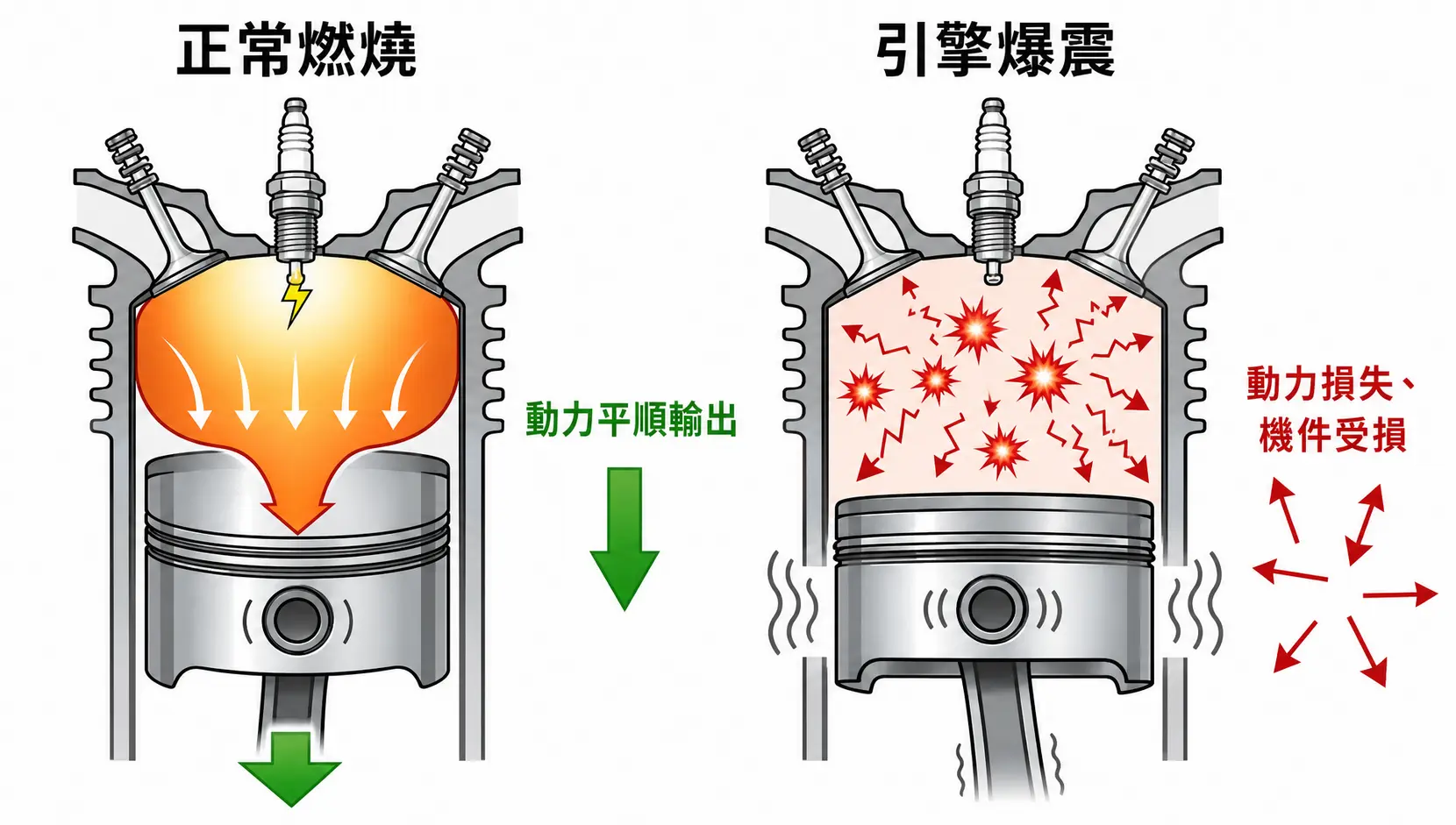 95 vs 98汽油怎麼選?選錯會傷車嗎?一次搞懂辛烷值、壓縮比與省油秘訣 一張圖解正常燃燒與引擎爆震的差別示意圖,顯示爆震為不正常點火導致動力損失。