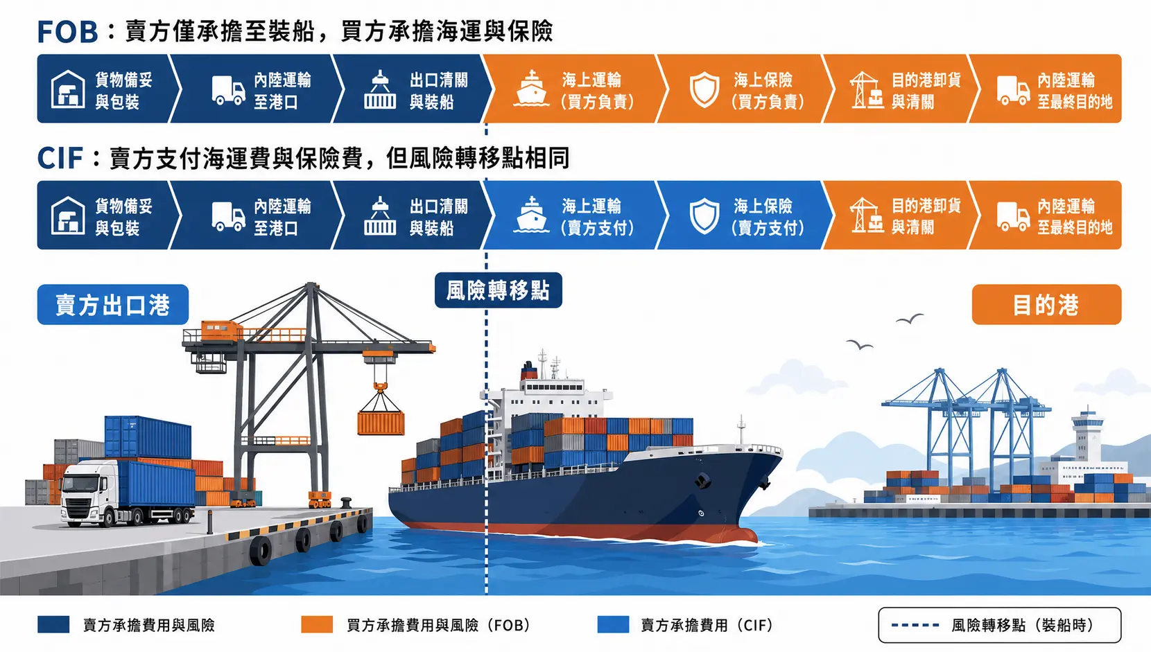 FOB vs. CIF 怎麼選?一張圖秒懂責任、費用、風險歸屬 FOB 與 CIF 貿易術語責任劃分與風險轉移點示意圖
