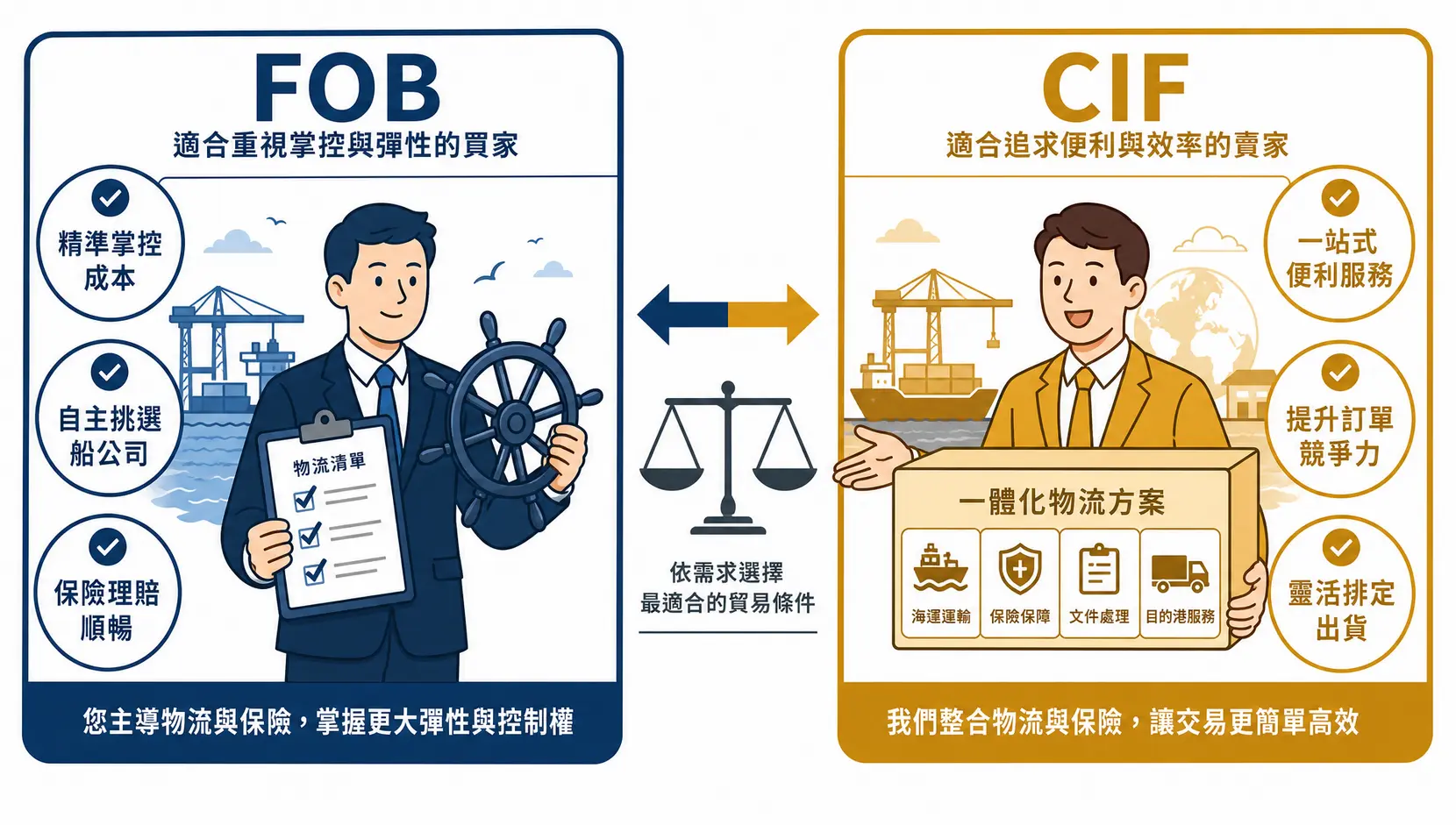 FOB vs. CIF 怎麼選?一張圖秒懂責任、費用、風險歸屬 買家與賣家選擇 FOB 或 CIF 貿易條件的決策考量圖